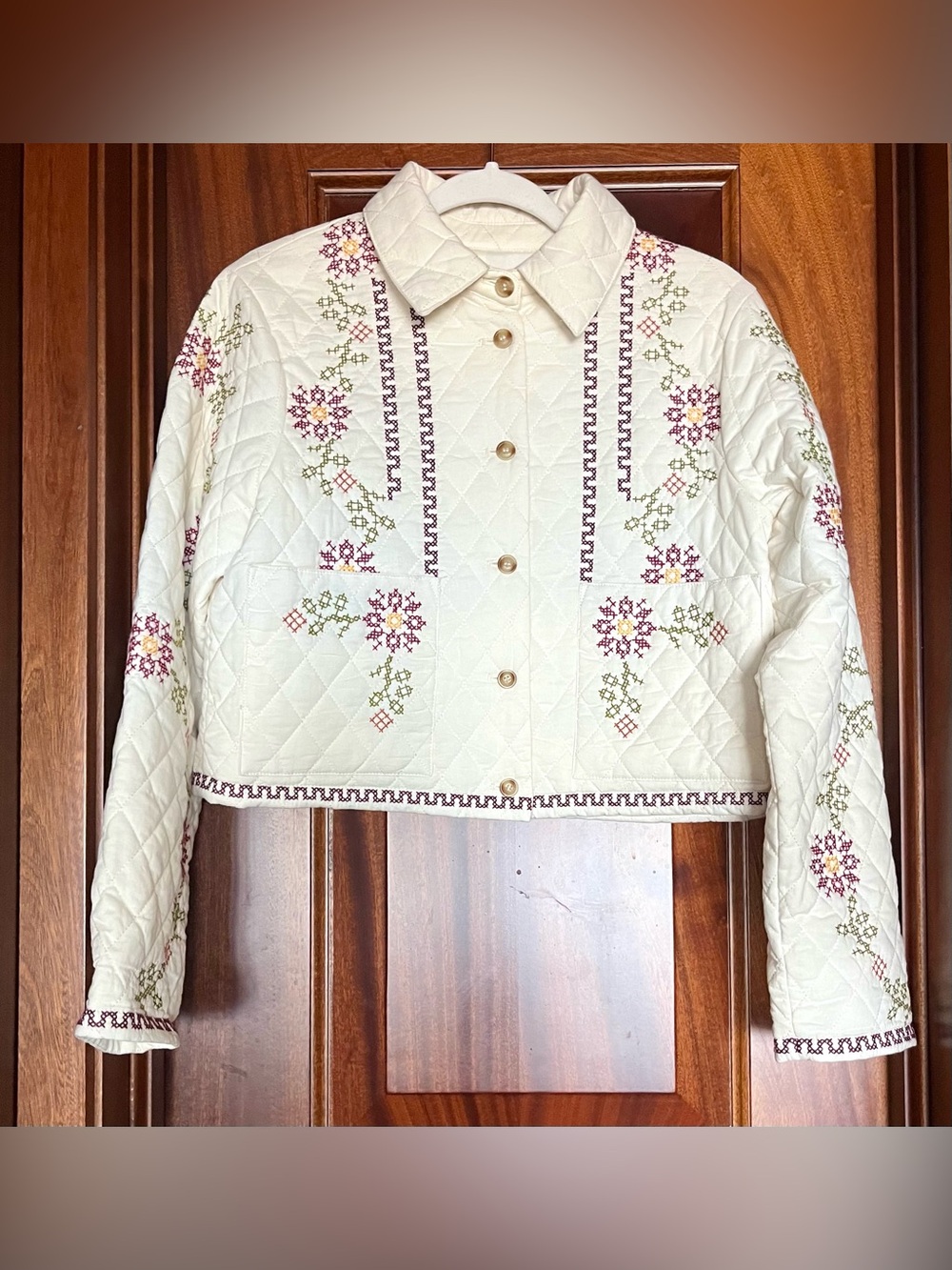 Christian Lacroix Embroidered Quilted Cream Jacket Cross Stitch Floral Detail 8 - Picture 3 of 7